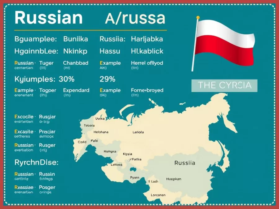 Cyrillic alphabet and map showing Russian-speaking regions, highlighting Russian as the ninth most spoken language in the world