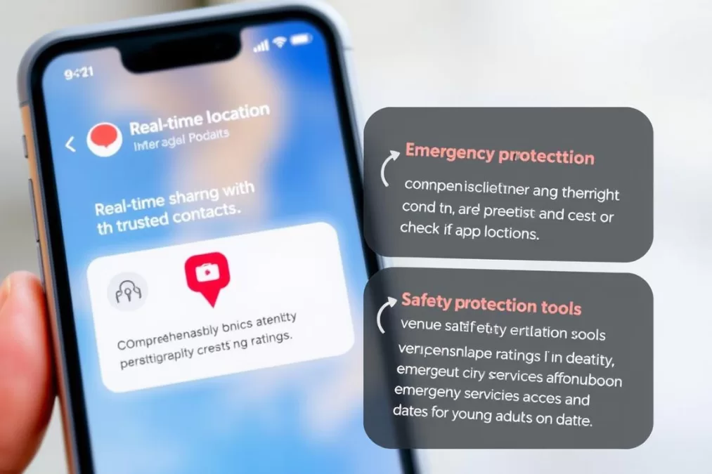 Dating app safety features showing real-time location sharing and emergency assistance in 2026