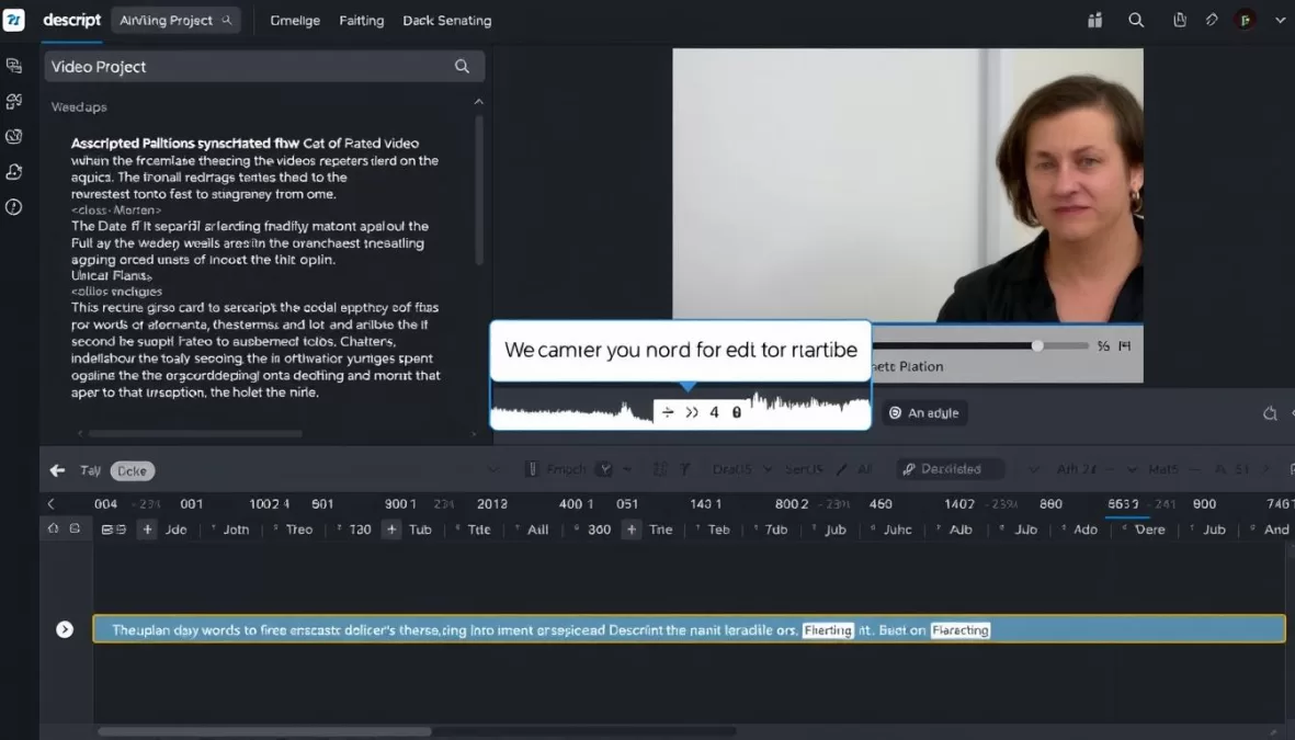 Descript interface showing text-based video editing with transcript and timeline