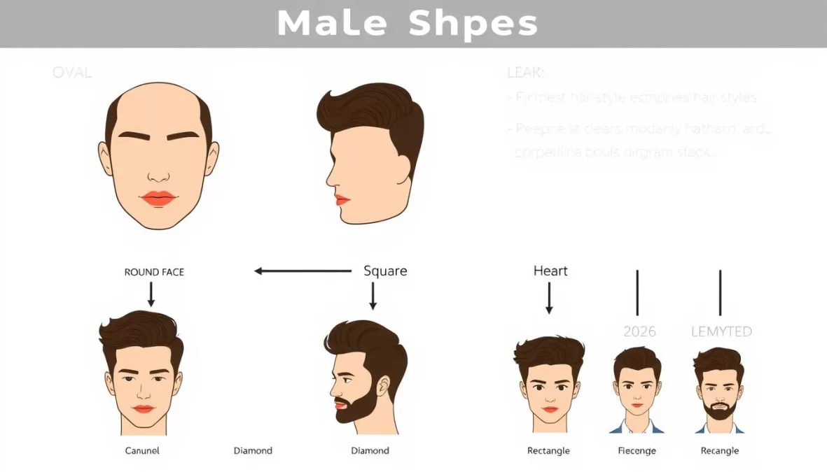 Diagram showing different face shapes and compatible hairstyles for men in 2026