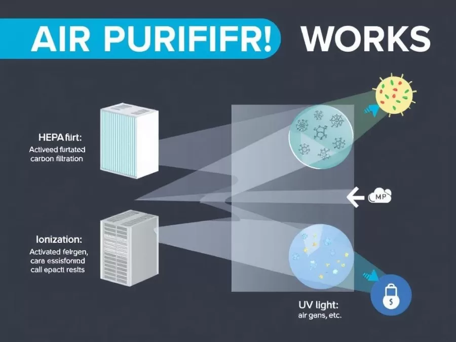 Diagram showing how different air purifier technologies work to clean indoor air