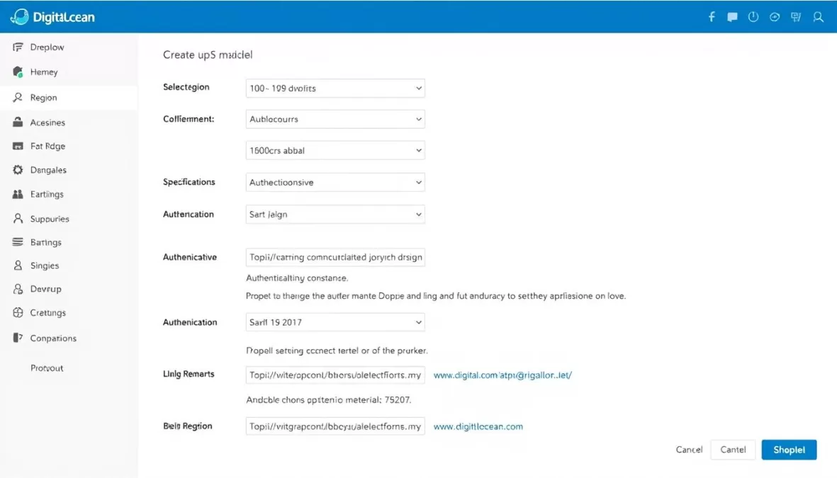 DigitalOcean Droplet creation interface showing configuration options for small business VPS hosting