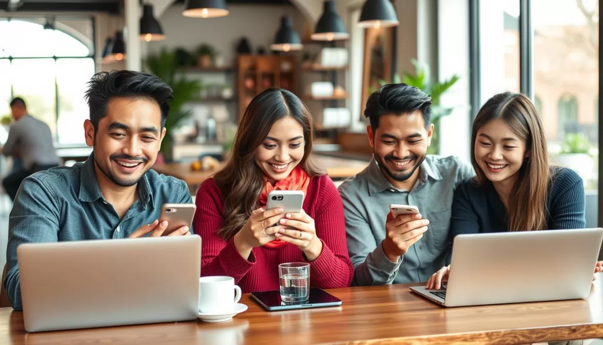 Diverse Asian singles using dating apps on smartphones and laptops