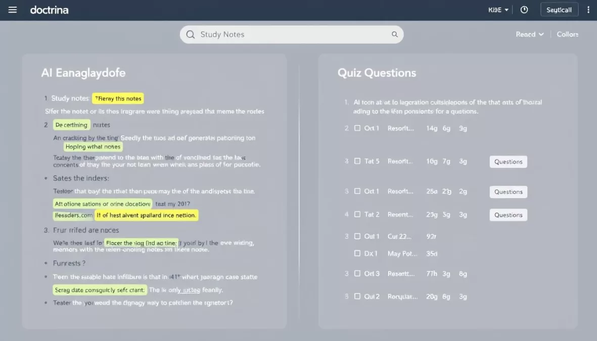 Doctrina AI interface showing generated study notes and quiz questions
