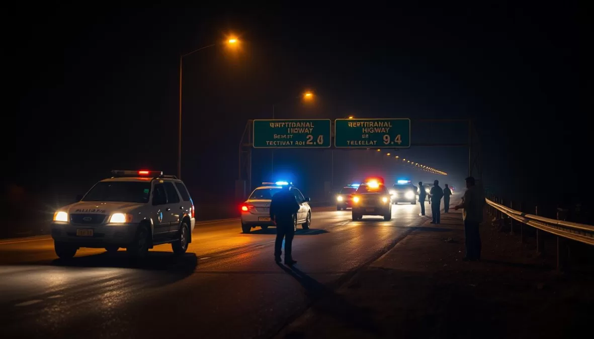 Dramatic reconstruction from The Highway Murders showing National Highway 8 at night with police investigation