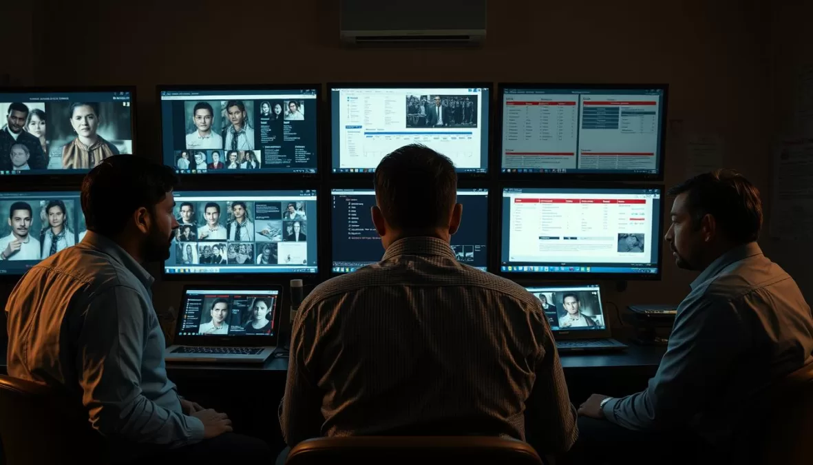 Dramatic scene from Cyanide Mohan: The Dating App Killer showing investigation and digital evidence