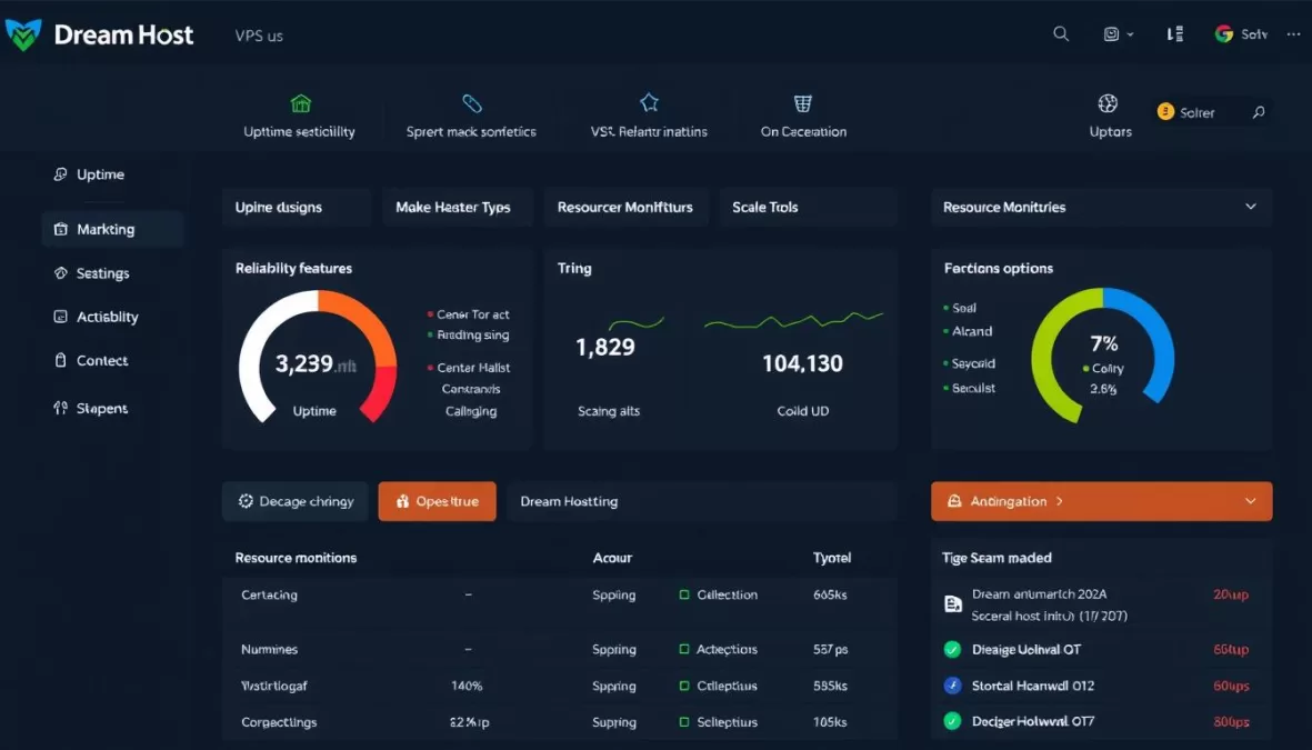 DreamHost VPS dashboard showing uptime statistics and reliability features for small business websites