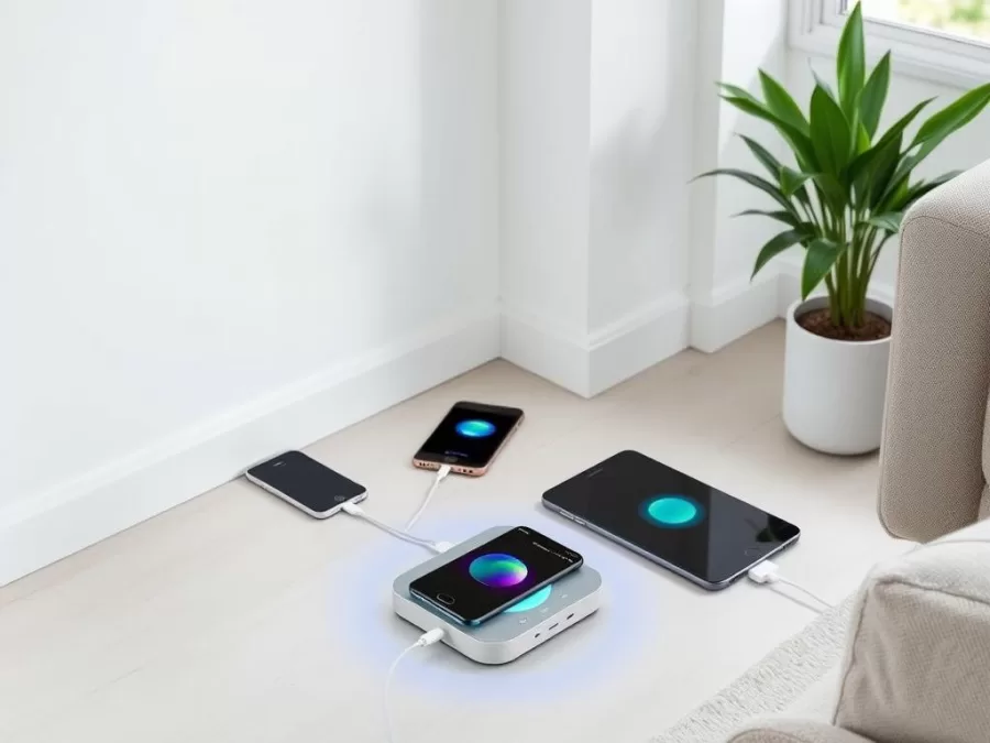 EcoCharge Wireless Power Field device creating an invisible charging zone in a modern living room, powering multiple devices simultaneously