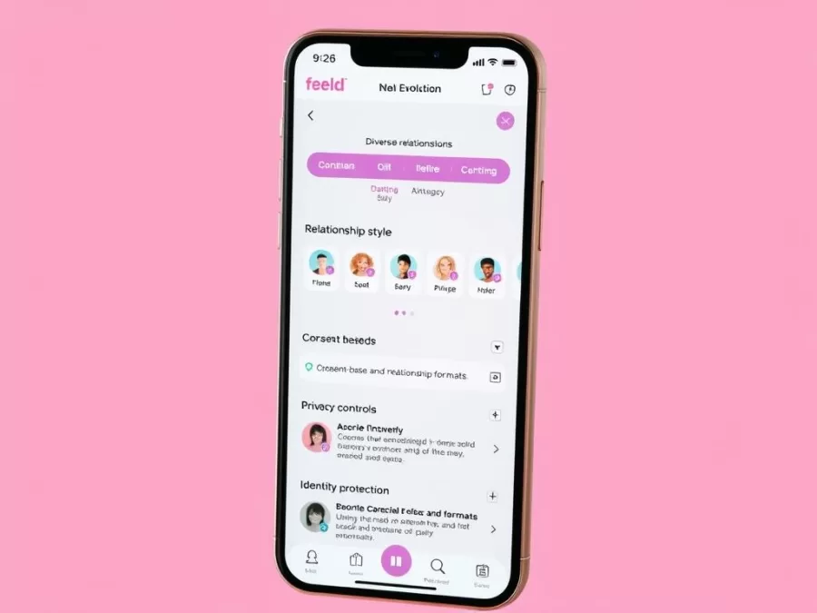 Feeld Evolution interface showing diverse relationship styles and privacy controls for young adults in 2026