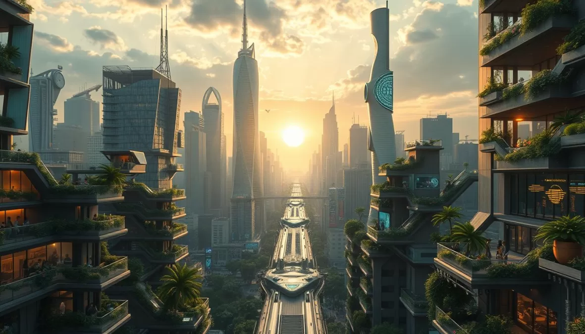 Futuristic cityscape showing integrated technology with humans and nature in harmony, representing the future beyond 2025
