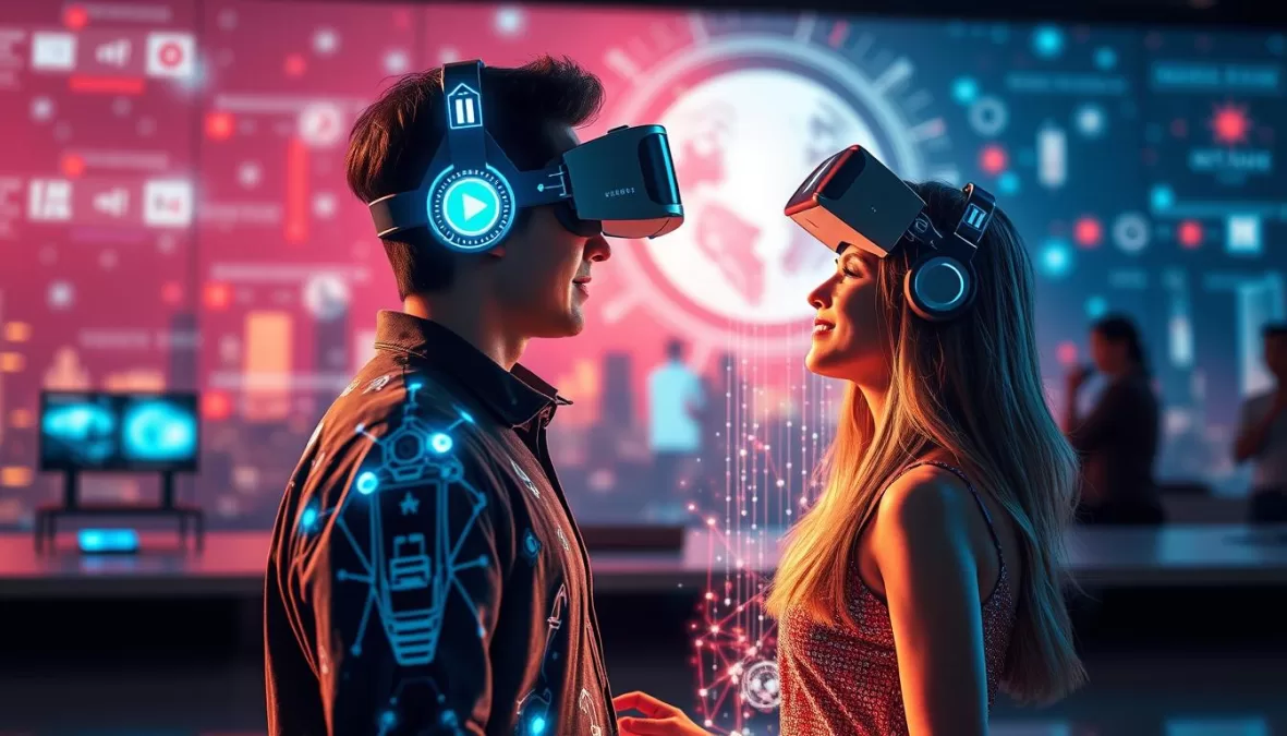 Futuristic dating technology trends showing AI matchmaking and immersive experiences in 2026