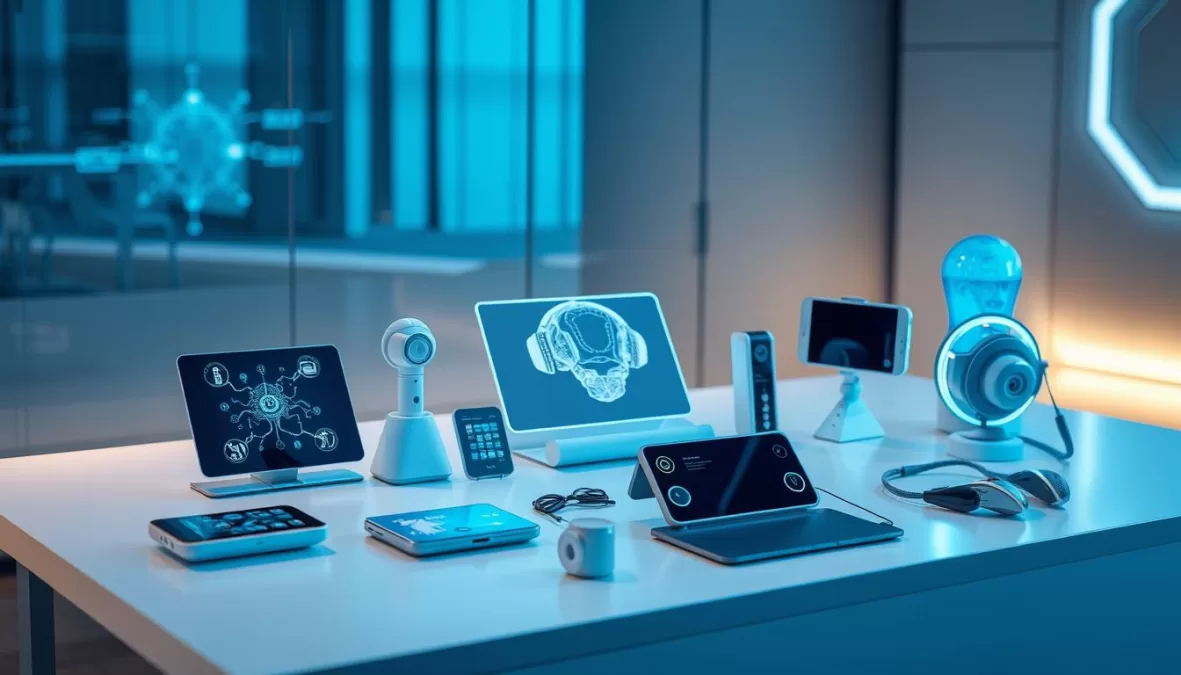 Futuristic tech gadgets displayed on a minimalist table with holographic interfaces and ambient lighting, showcasing the Top 10 Most Innovative Tech Gadgets of 2025