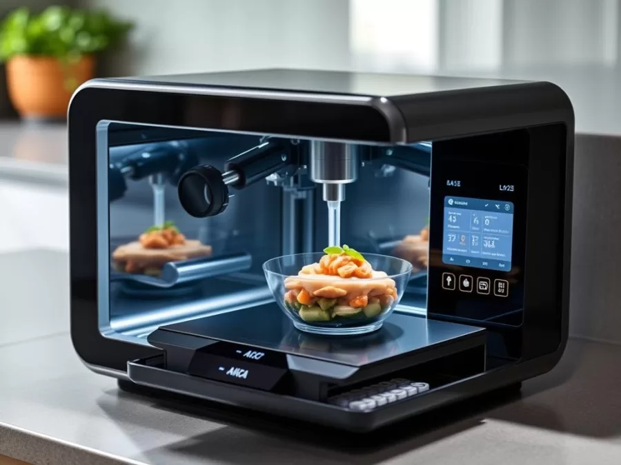Genesis Personal Food Synthesizer creating customized meals from base ingredients with molecular gastronomy techniques and nutritional optimization