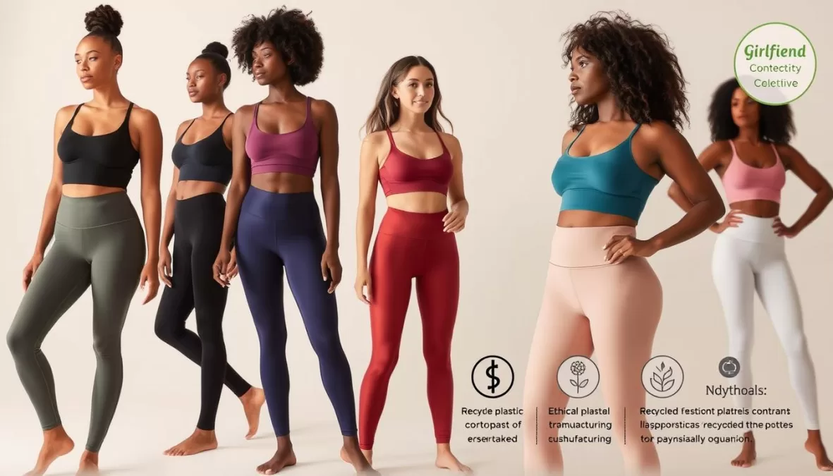 Girlfriend Collective's recycled fabric leggings and sports bras in various colors, highlighting their sustainability focus as one of the top 10 yoga brands in the world 2026