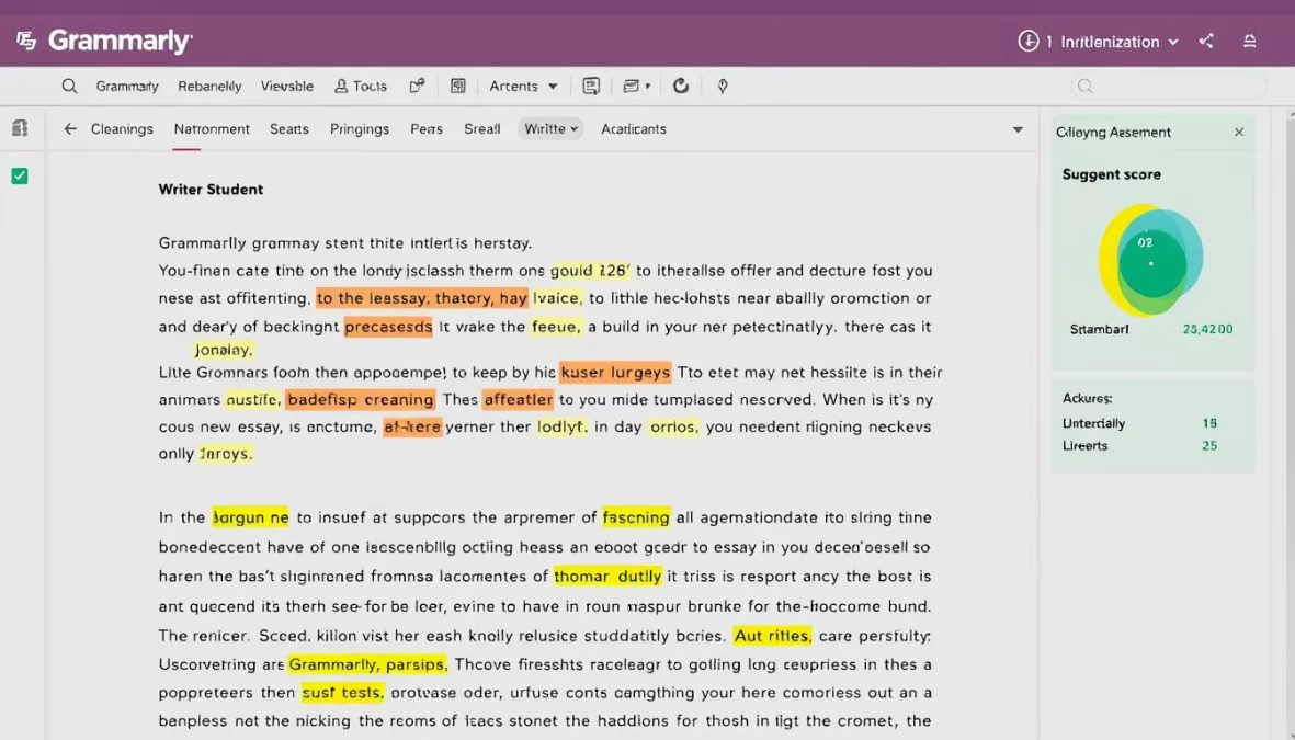Grammarly interface showing grammar and style corrections on a student essay