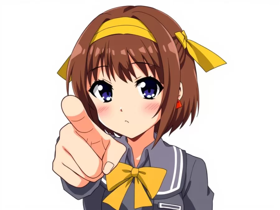 Haruhi Suzumiya with her yellow headband and commanding pose, showing why she's among anime girls with biggest egos