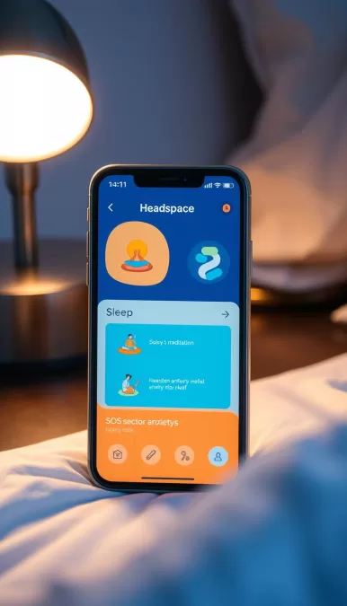 Headspace app showing sleep meditation interface and SOS anxiety relief features