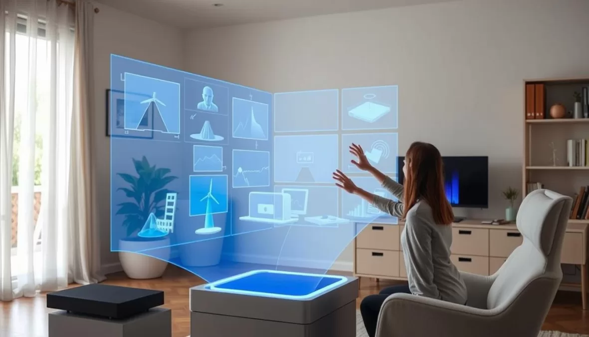 HoloStudio Spatial Computer projecting interactive holographic workspace with multiple virtual screens and 3D models that can be manipulated by hand