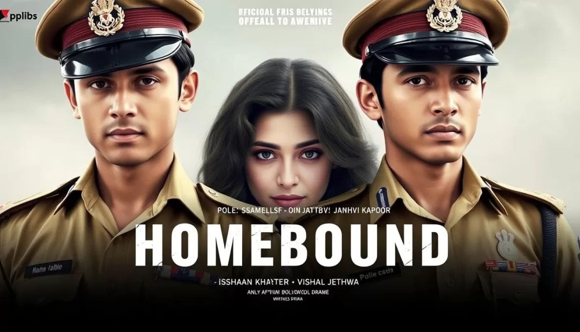 Homebound movie poster featuring Ishaan Khatter and Vishal Jethwa as childhood friends with Janhvi Kapoor