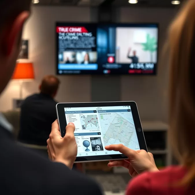 Interactive true crime experience showing viewers engaging with evidence and timelines