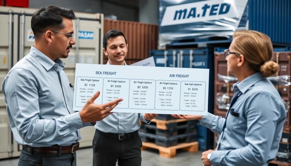 International Sea & Air Shipping staff explaining different shipping options to clients