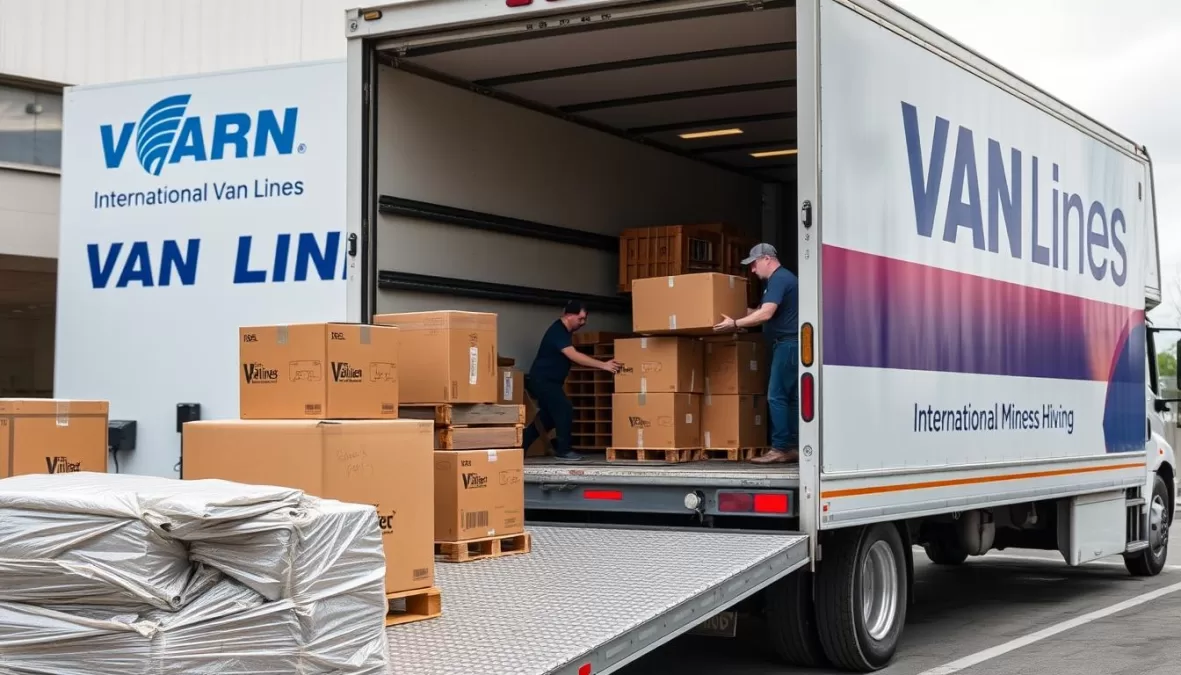 International Van Lines moving truck and workers packing items for international shipping