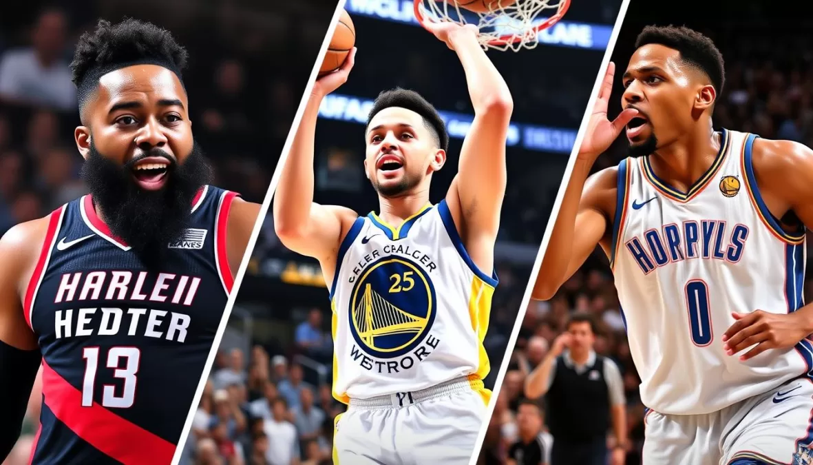 James Harden, Stephen Curry, and Russell Westbrook in action as active scoring leaders