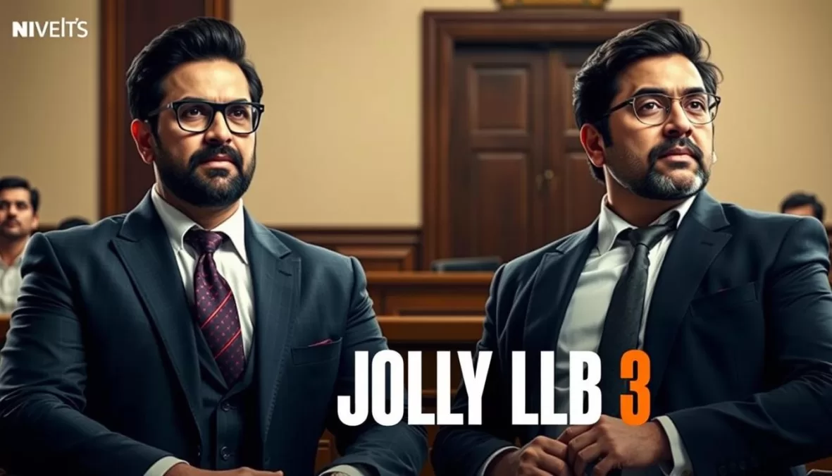 Jolly LLB 3 movie poster featuring Akshay Kumar and Arshad Warsi as rival lawyers in a courtroom