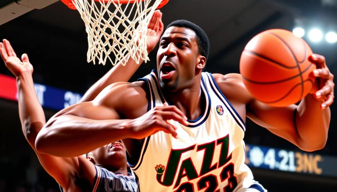 Karl Malone powering to the basket in Utah Jazz uniform
