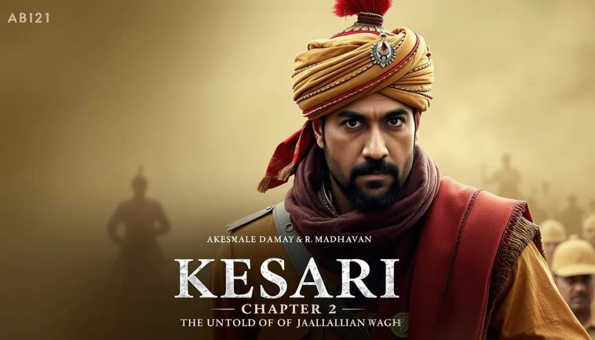 Kesari Chapter 2 movie poster featuring Akshay Kumar in a period setting related to the Jallianwala Bagh massacre