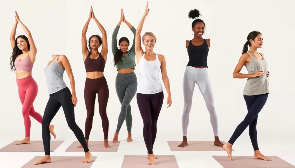 Lululemon Align leggings and tops showcased on yoga practitioners in various poses, demonstrating the fabric's flexibility and comfort for top 10 yoga brands in the world 2026