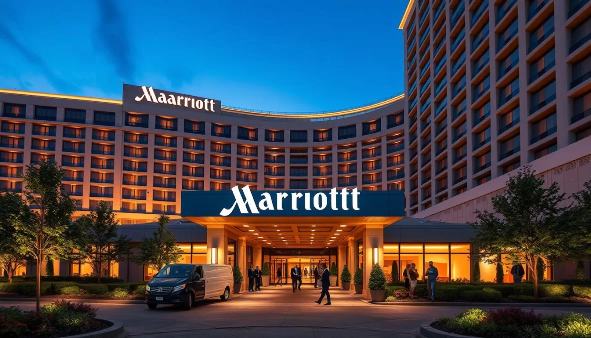 Luxurious Marriott hotel exterior with the iconic Marriott logo prominently displayed