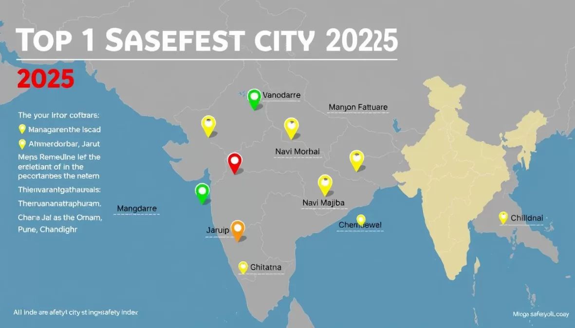 Map of India highlighting the top 10 safest cities in India 2025 with their safety index scores