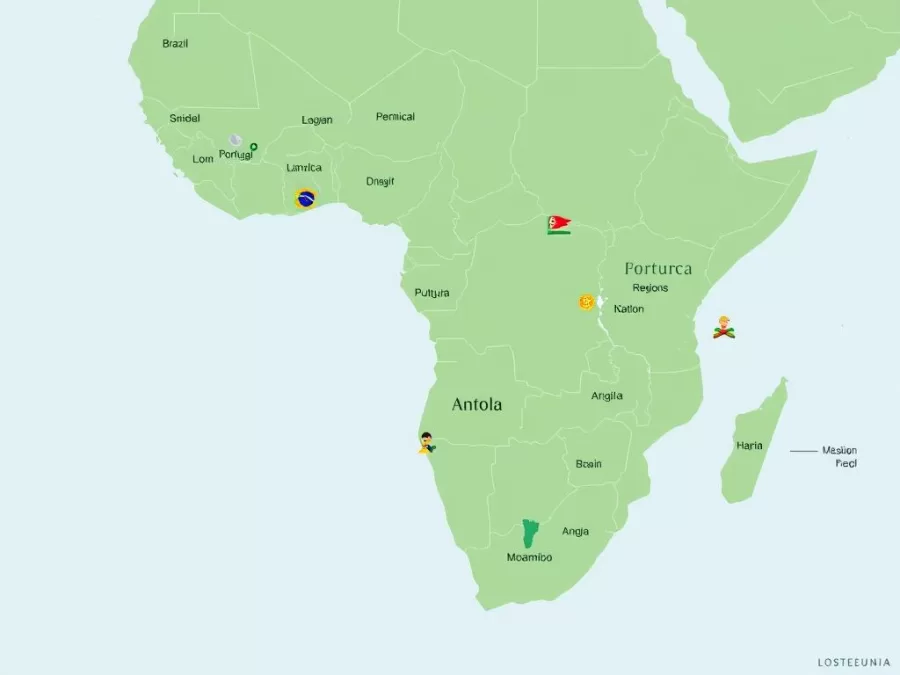 Map showing Portuguese-speaking countries across continents, highlighting Portuguese as the eighth most spoken language in the world