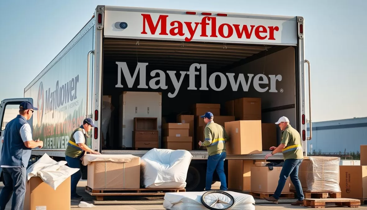 Mayflower moving truck and experienced crew preparing for international relocation