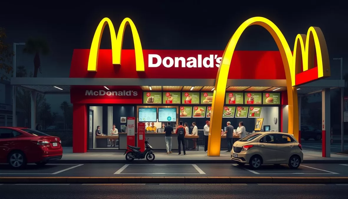 McDonald's restaurant with golden arches and drive-thru showing customers being served
