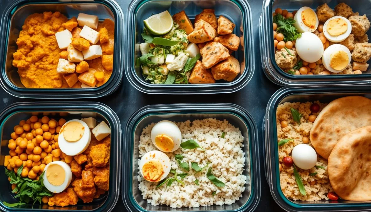 Meal prep containers with various high-protein Indian foods