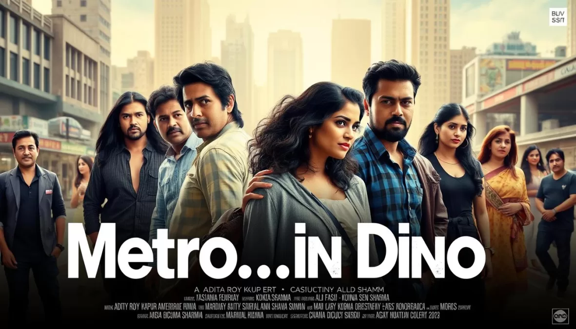 Metro...In Dino movie poster featuring ensemble cast including Aditya Roy Kapur and Sara Ali Khan in an urban setting