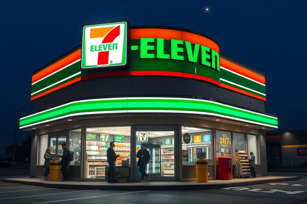Modern 7-Eleven store with its iconic sign illuminated at night showing convenience store products