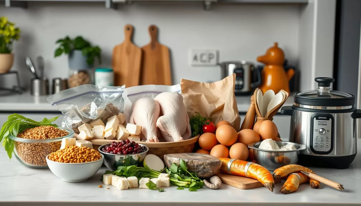 Modern Indian kitchen with traditional and modern protein-rich ingredients