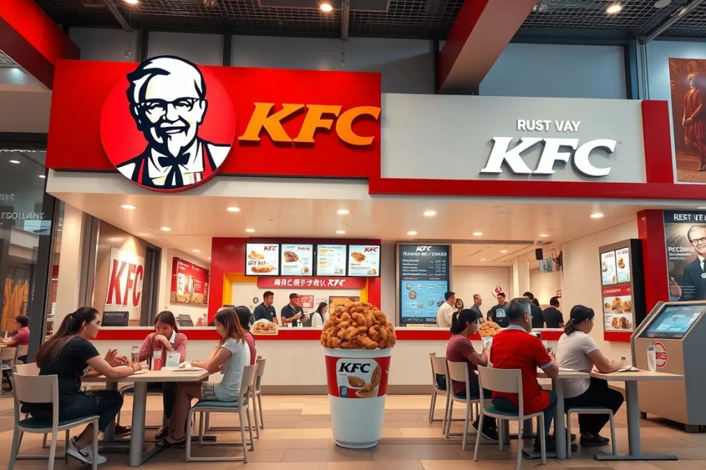 Modern KFC restaurant with Colonel Sanders logo and customers enjoying fried chicken meals