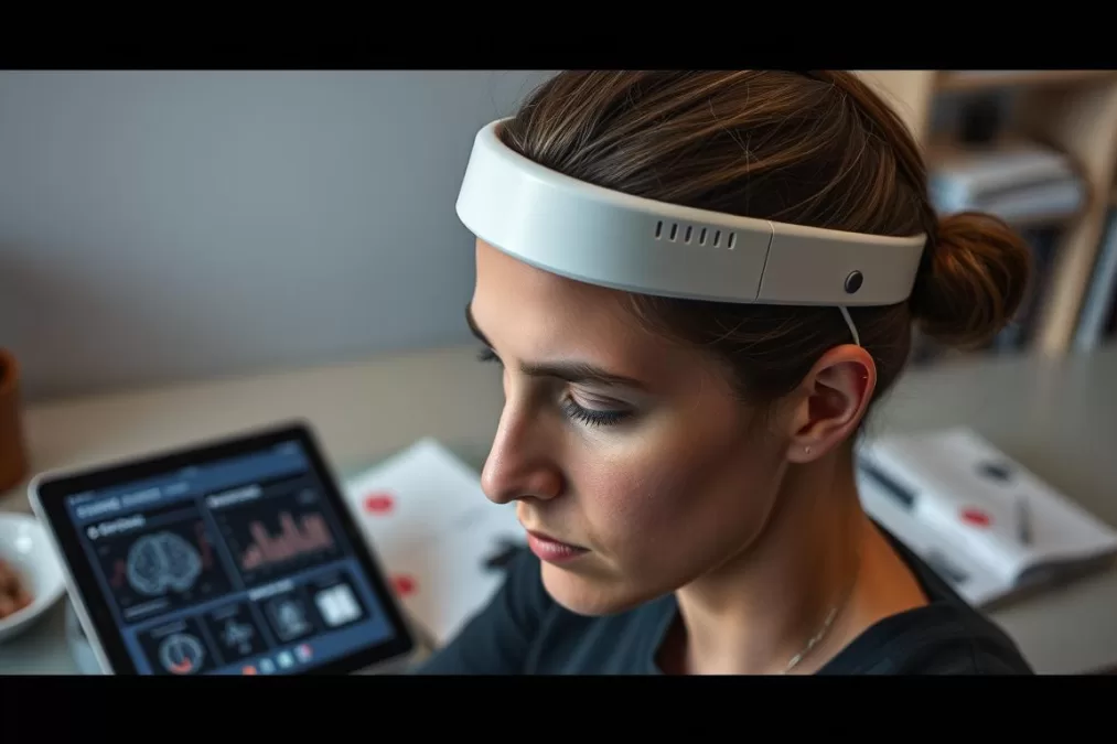 NeuroBand Cognitive Enhancement System headband with electrodes monitoring and stimulating brain activity to enhance focus, memory and learning