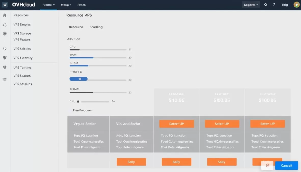 OVHcloud VPS configuration page showing resource allocation options for small business hosting needs