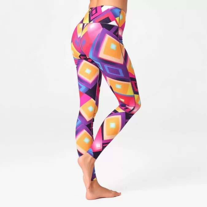 Onzie vibrant printed high-rise leggings in a bold geometric pattern