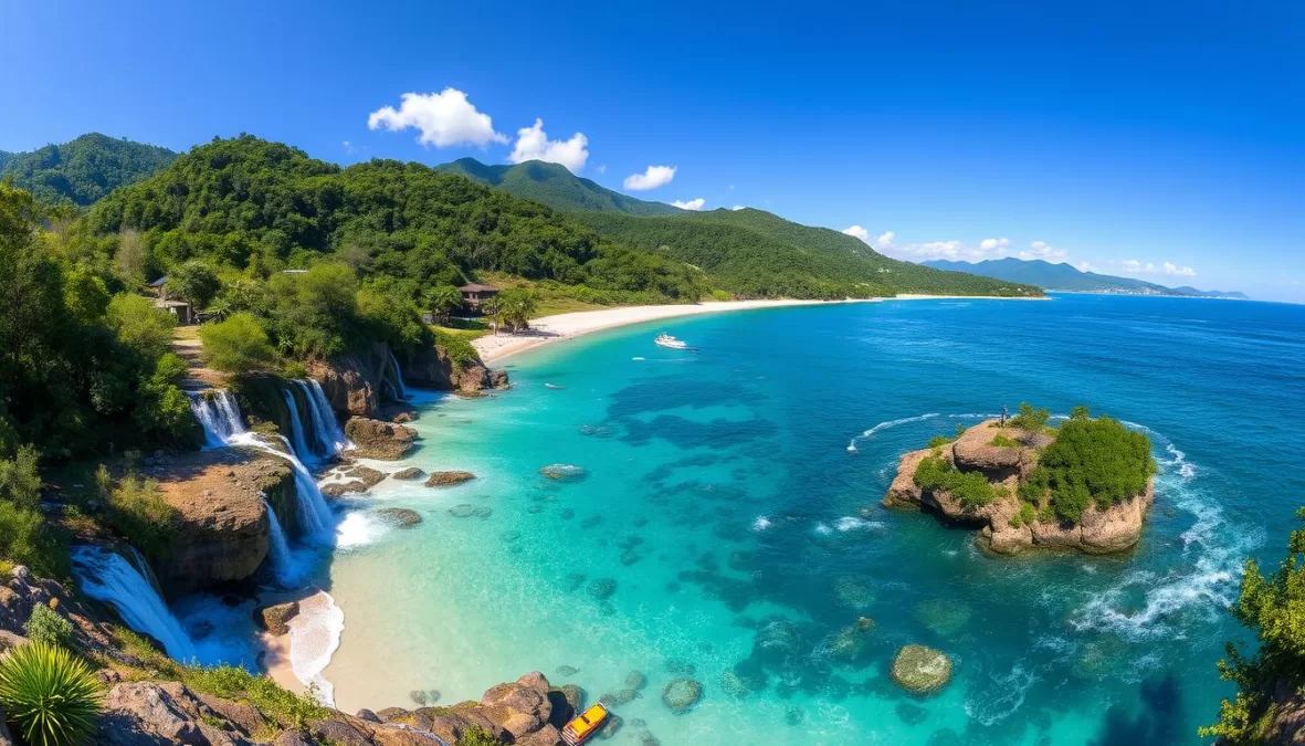 Panoramic view of Venezuela's diverse landscapes in winter showing mountains, beaches and waterfalls