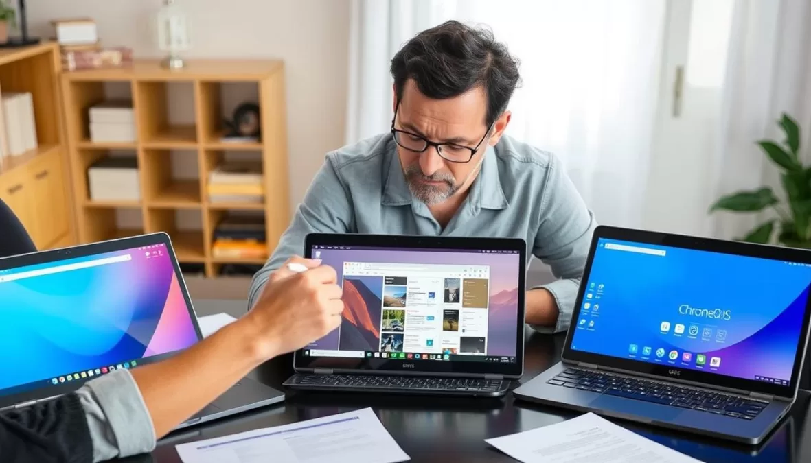 Person comparing different Chromebook models side by side