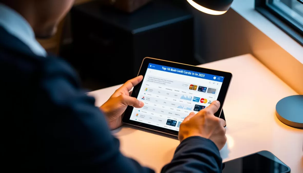 Person comparing different credit cards on a digital tablet showing the top 10 best credit cards in India 2025