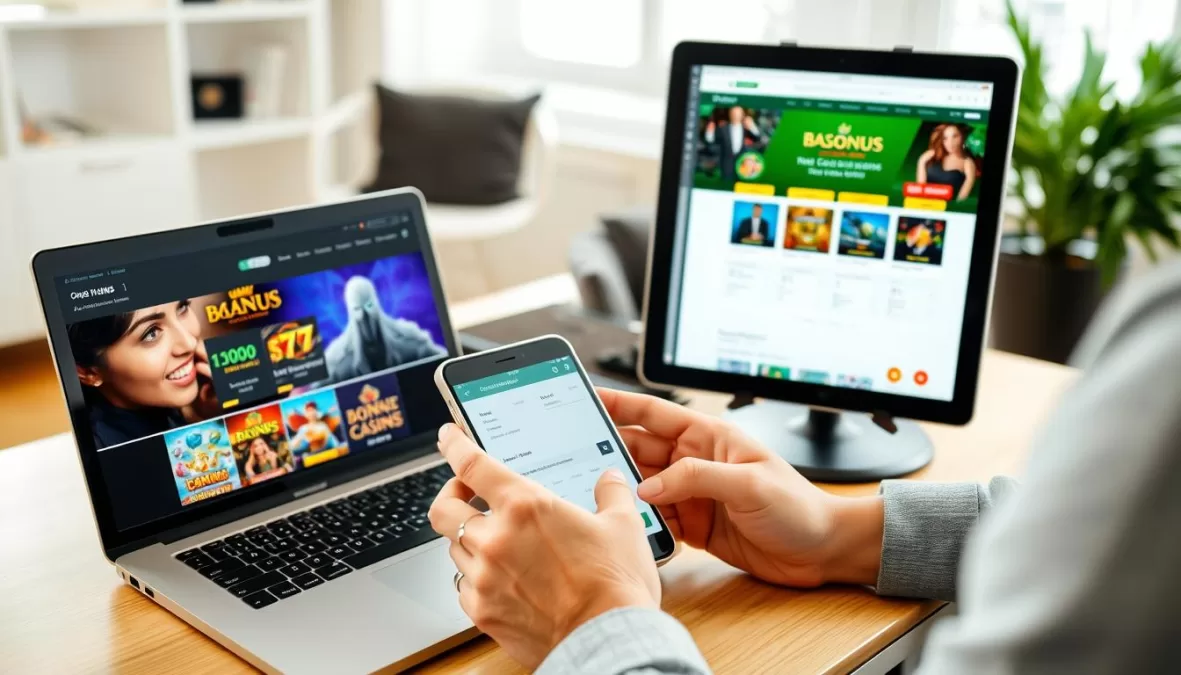 Person comparing different online casino features on multiple devices
