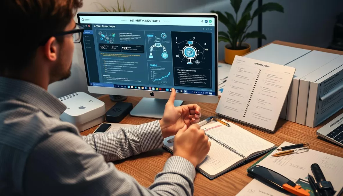 Person evaluating different AI side hustle options for Top 10 side hustles with AI 2025