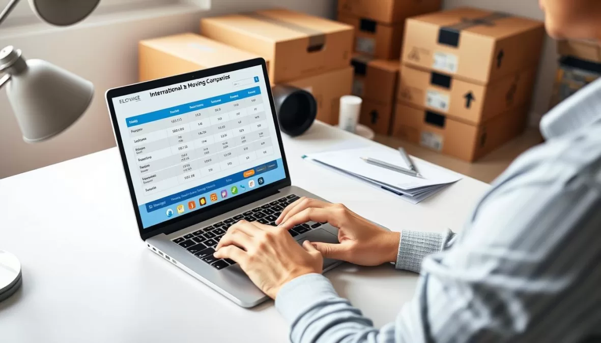 Person researching international moving companies on laptop with moving boxes nearby